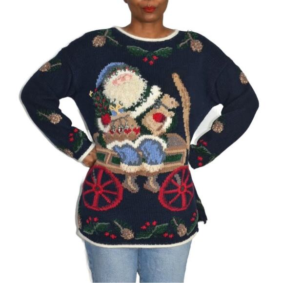 Ugly Christmas Sweater Santa Claus Vintage Northern Isles Tree Wreath Size Large - Picture 2 of 14